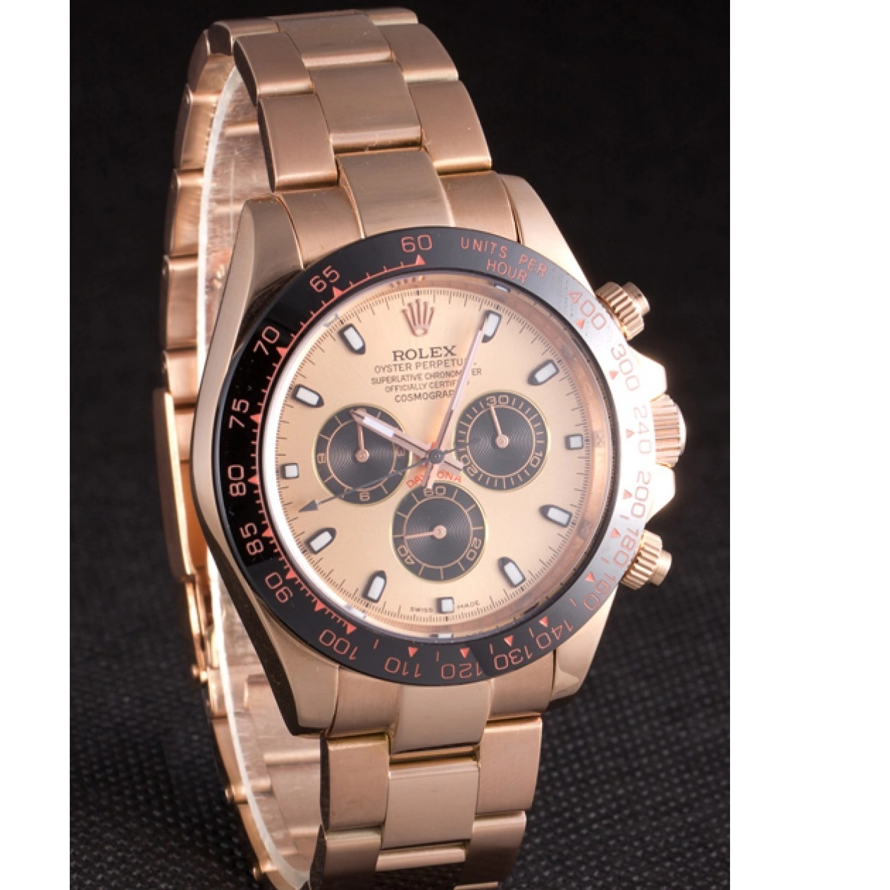 Aaa replica watch Plated Rose Gold Tachymeter Gold Ion Dial Daytona Strap Rolex Rose 80244 0716